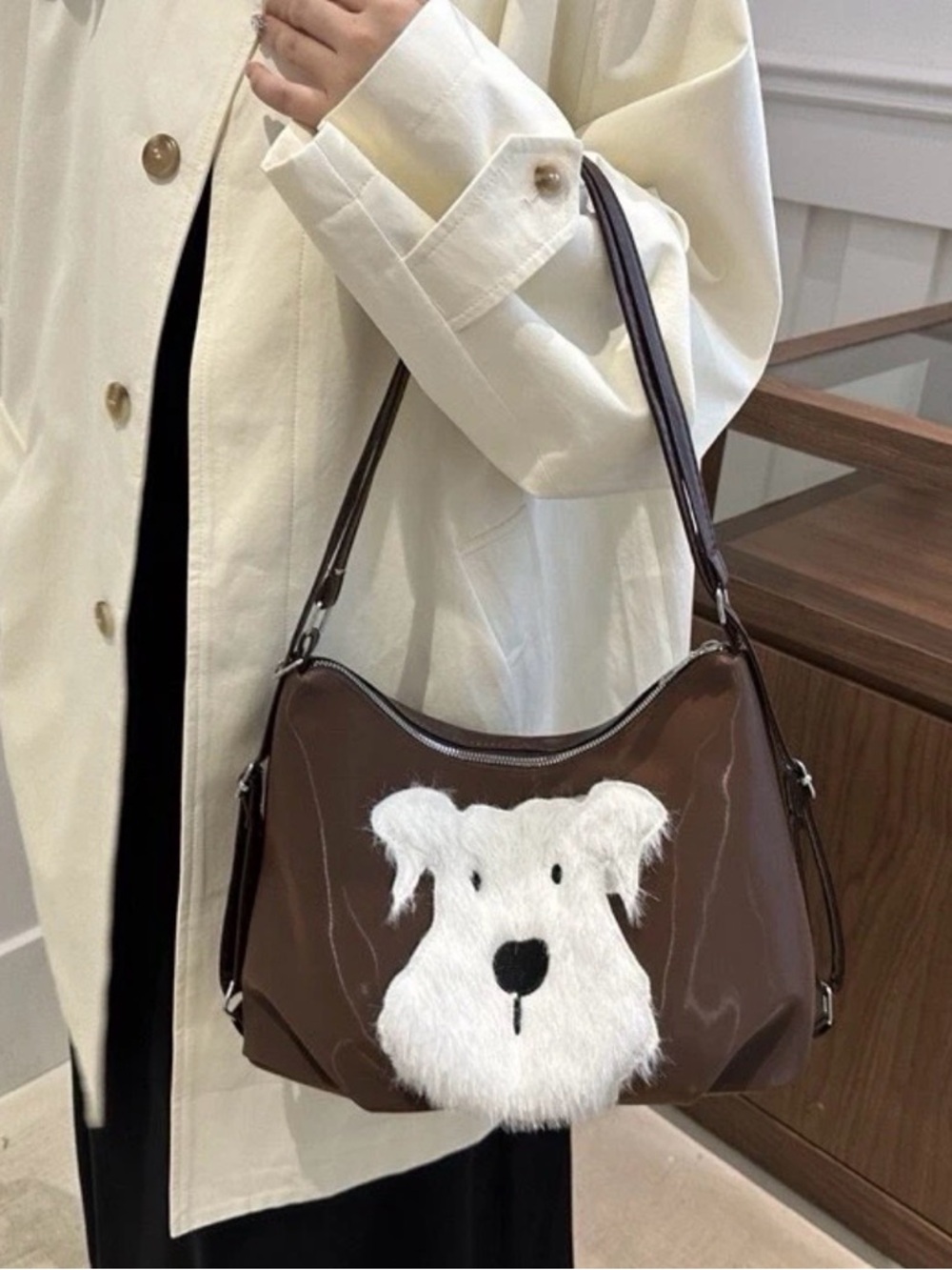 Brown Faux-Leather Shoulder Backpack with White Dog Patch should bag tote bag
